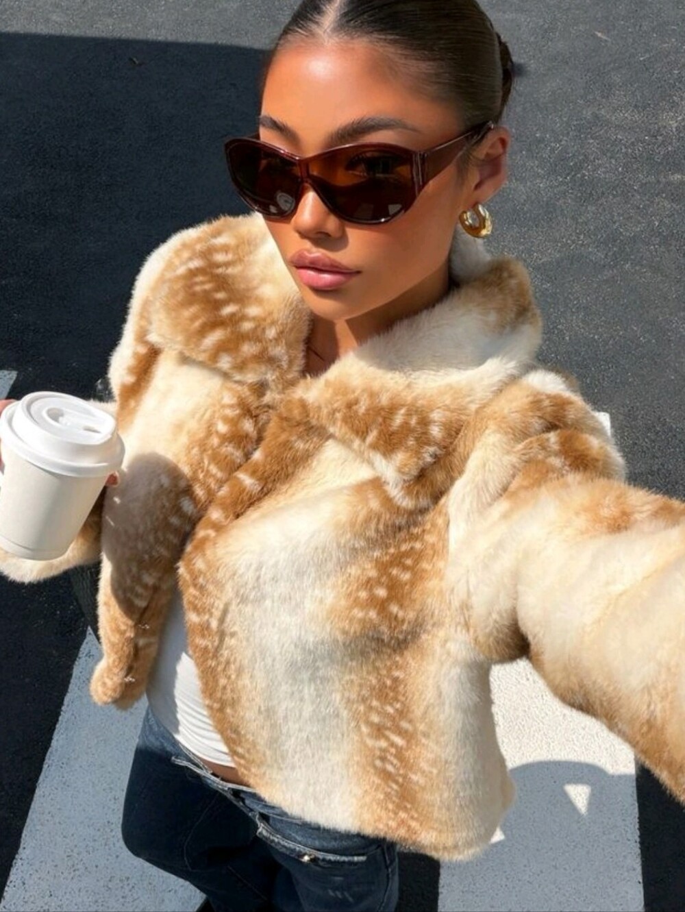 Women's Faux Fur Deer Print Coat, Suitable For Winter Skiing, Street - Picture 2 of 7